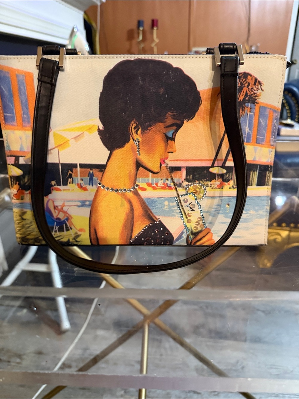 Vintage Poolside Graphic Tote Bag in Multicolor- Statement piece